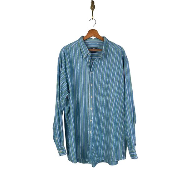 Woolrich Green & Blue Stiped Button Down Men's Sz. 2XL Plus Size. 100% Cotton - Picture 1 of 8
